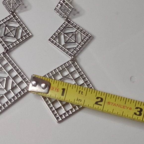 Long Silver Tone Metal Decorative Dangling Square Earrings - Picture 7 of 12